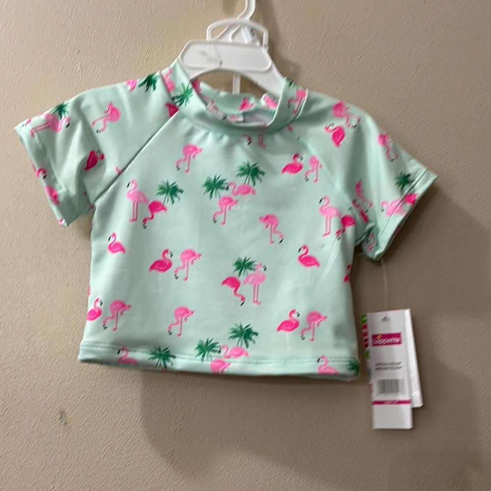 Wippette Green and Pink Rashguard Flamingo Swim two pieces Girl Size:2T